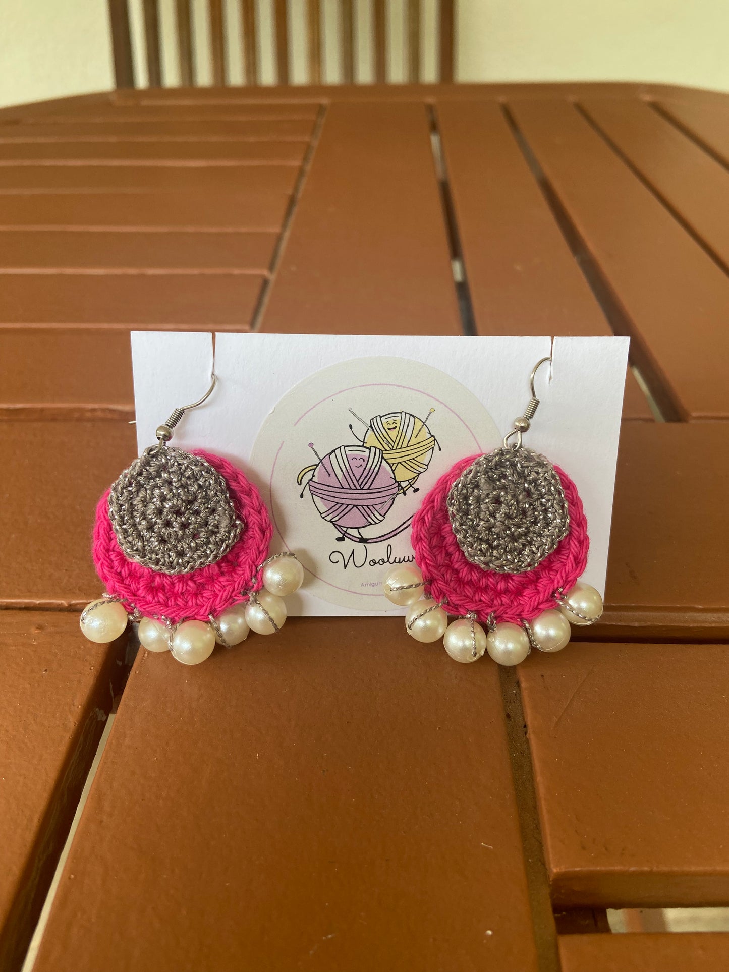 Pink and Silver crochet earrings