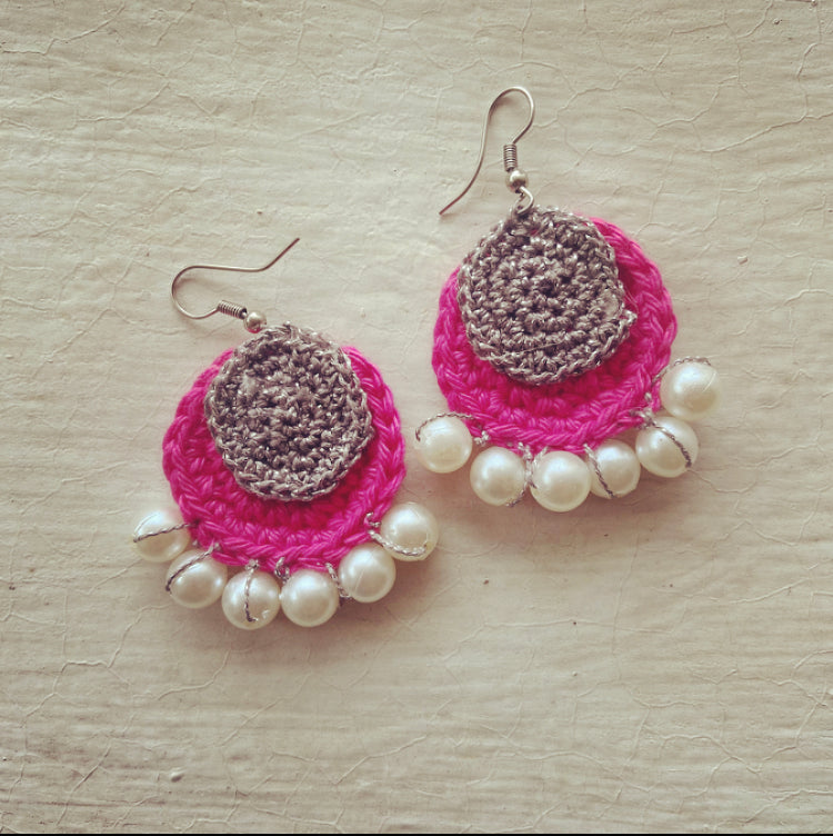 Pink and Silver crochet earrings