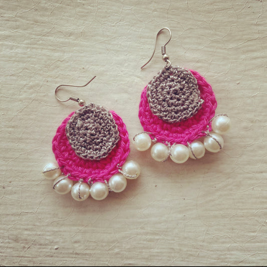 Pink and Silver crochet earrings